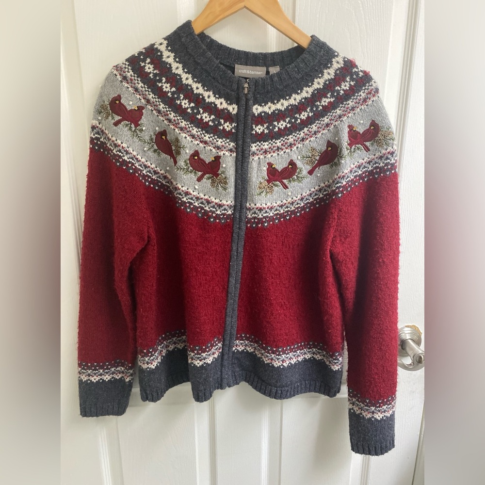 Croft & Barrow Women's Sweater Long Sleeve L Zip Cardinal Winter Snow Embroidery